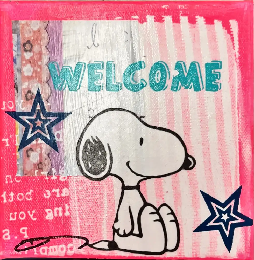 Little Icons von Anna Flores – Handsignierte Kunst-Unikat auf Leinwand "Snoopy-Welcome"