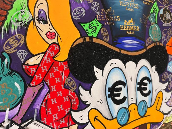 Original-Kunstwerk-Odarka-Donald-Duck-Hermes-Rolex-Dollar
