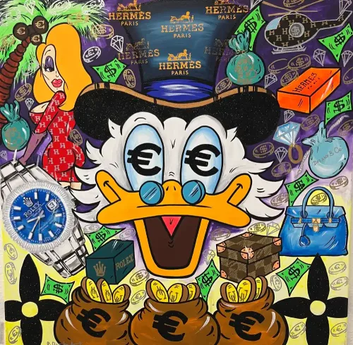 Original-Kunstwerk-Odarka-Donald-Duck-Hermes-Rolex-Dollar