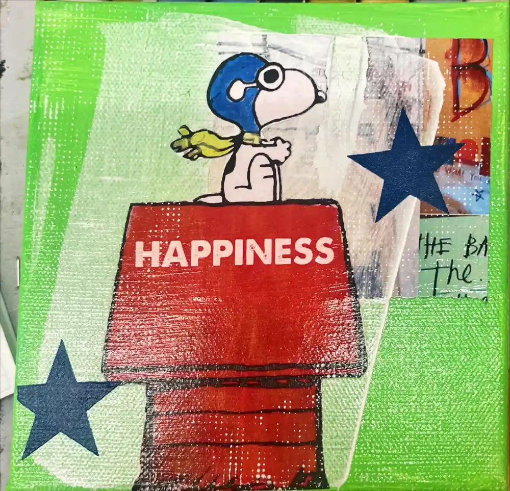 Little Icons von Anna Flores – Handsignierte Kunst-Unikat auf Leinwand "Snoppy Happines"